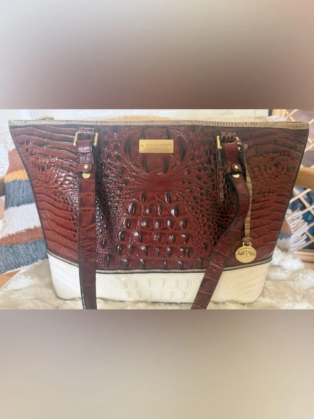 Brahmin Asher Tote Pecan Cream Croc Embossed Leather Bag VGUC - Picture 2 of 16